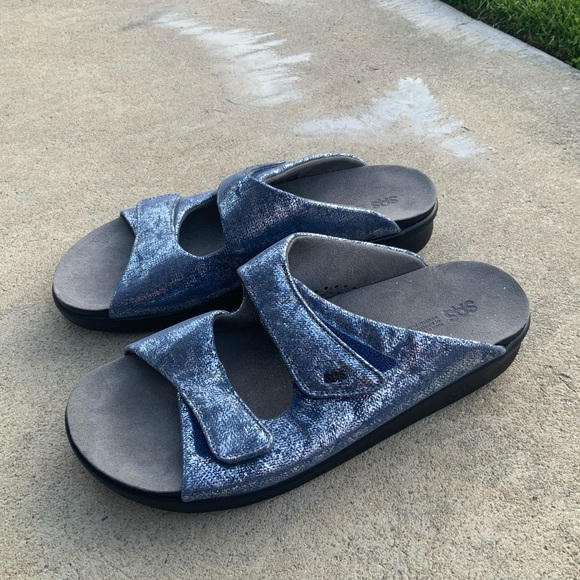 SAS Cozy Silver Blue Metallic Comfort Slip On Sandal Slides - Picture 2 of 7